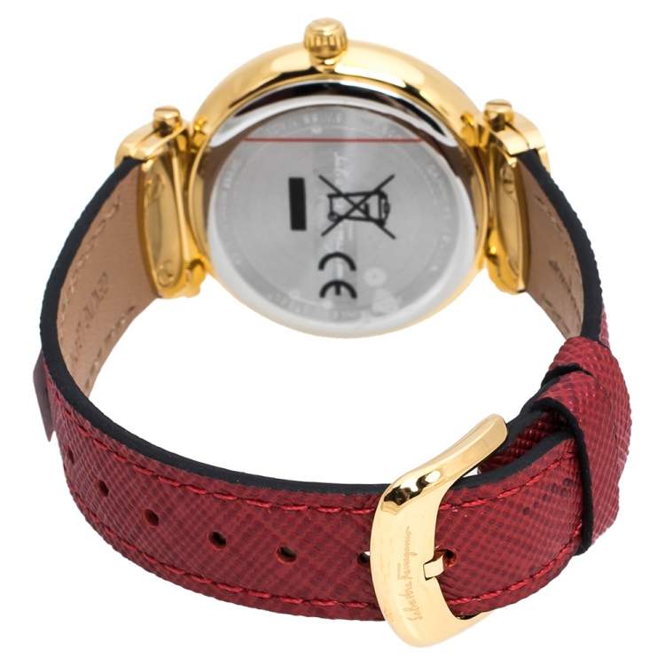 Pre Owned Salvatore Ferragamo Pink Mother Of Pearl Gold Plated Stainless Steel Leather Diamond Style SFDM Women's Wristwatch 34 mm