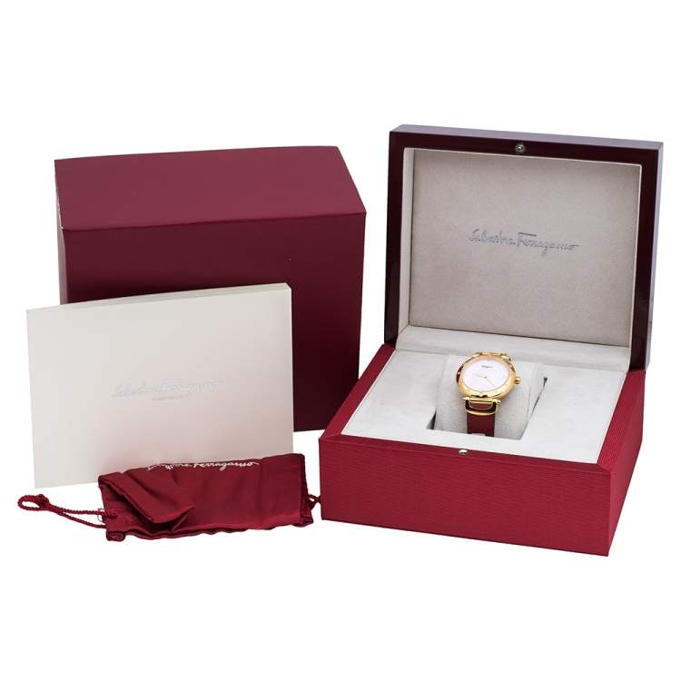 Pre Owned Salvatore Ferragamo Pink Mother Of Pearl Gold Plated Stainless Steel Leather Diamond Style SFDM Women's Wristwatch 34 mm
