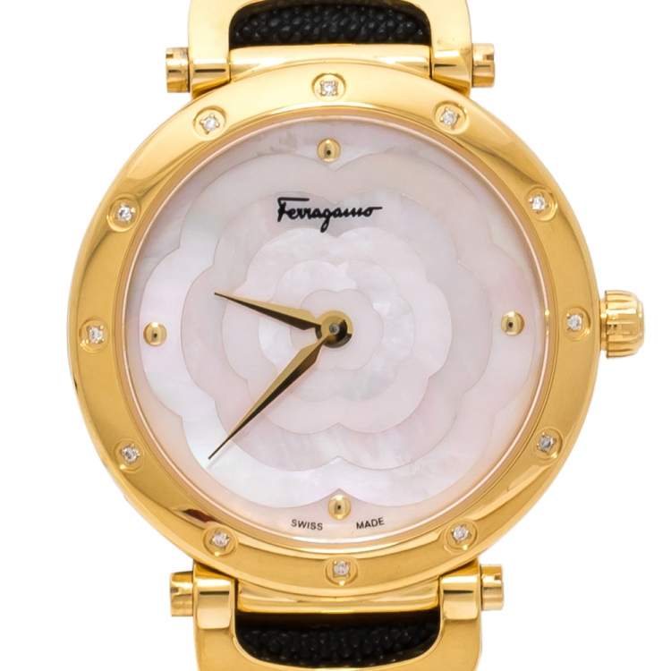 Pre Owned Salvatore Ferragamo Pink Mother Of Pearl Gold Plated Stainless Steel Leather Diamond Style SFDM Women's Wristwatch 34 mm