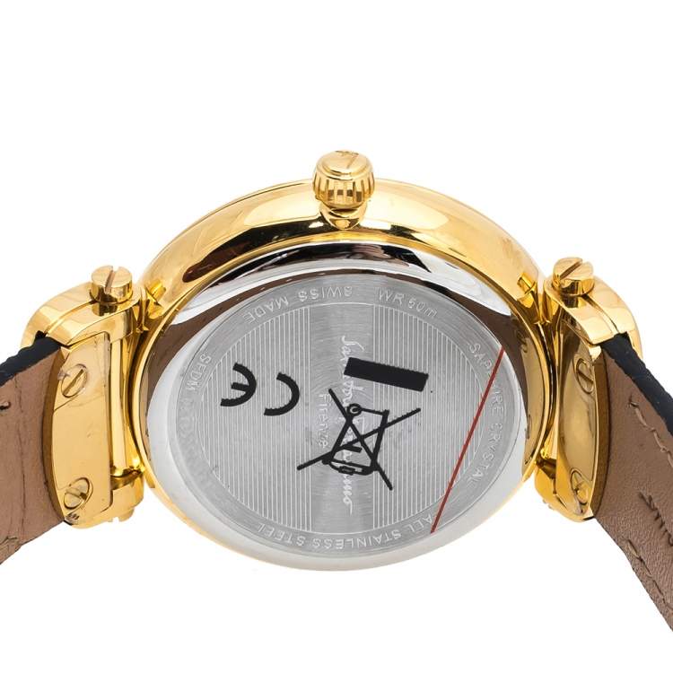 Pre Owned Salvatore Ferragamo Pink Mother Of Pearl Gold Plated Stainless Steel Leather Diamond Style SFDM Women's Wristwatch 34 mm