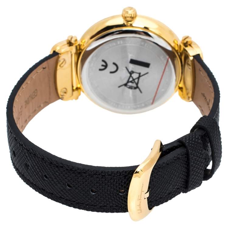Pre Owned Salvatore Ferragamo Pink Mother Of Pearl Gold Plated Stainless Steel Leather Diamond Style SFDM Women's Wristwatch 34 mm