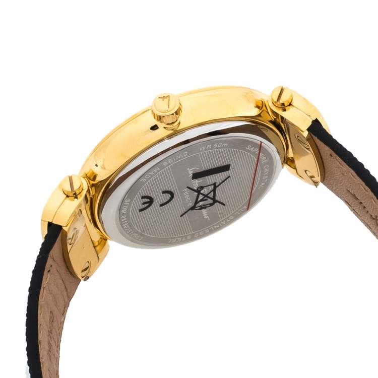 Pre Owned Salvatore Ferragamo Pink Mother Of Pearl Gold Plated Stainless Steel Leather Diamond Style SFDM Women's Wristwatch 34 mm