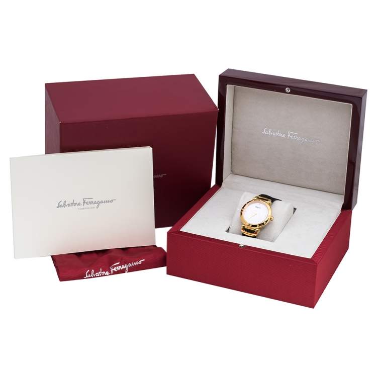 Pre Owned Salvatore Ferragamo Pink Mother Of Pearl Gold Plated Stainless Steel Leather Diamond Style SFDM Women's Wristwatch 34 mm