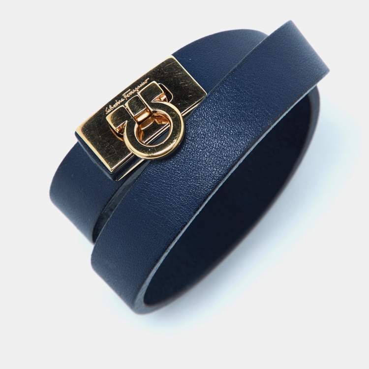 Pre Owned Salvatore Ferragamo Gancini Navy Blue Leather Double Wrap Bracelet