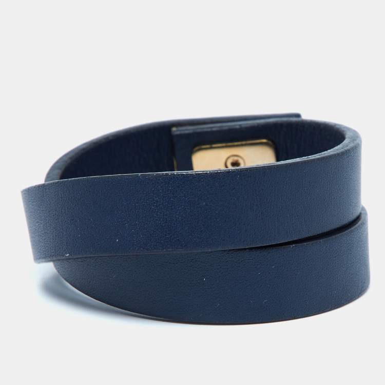 Pre Owned Salvatore Ferragamo Gancini Navy Blue Leather Double Wrap Bracelet