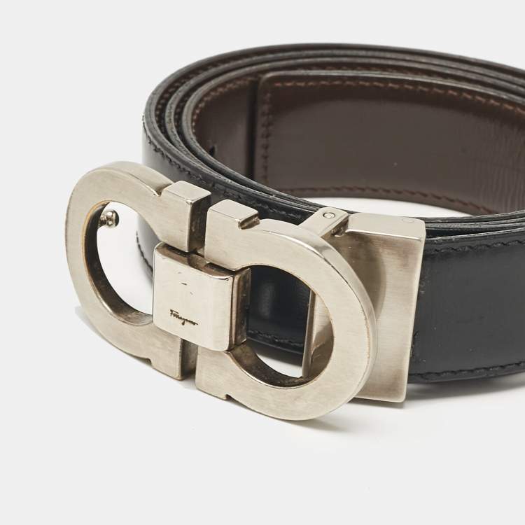 Pre Owned Salvatore Ferragamo Black/Brown Leather Gancini Buckle Reversible Cut to Size Belt