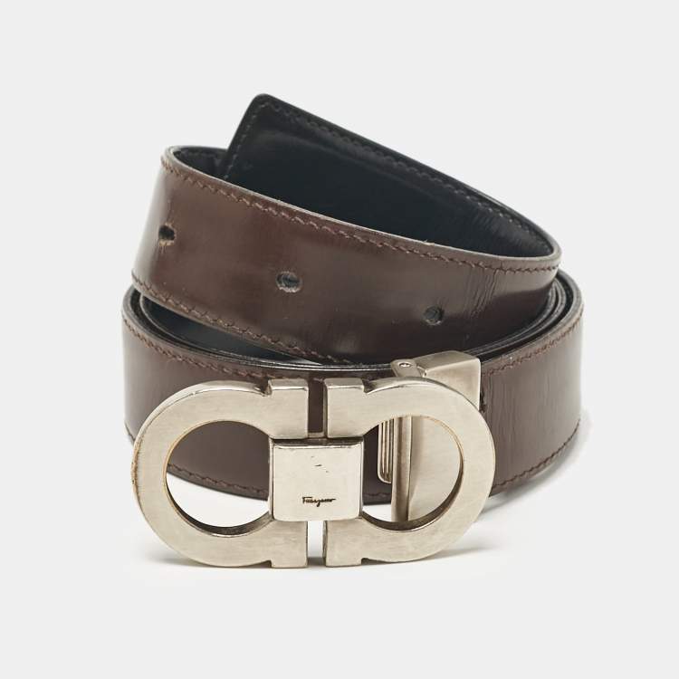 Pre Owned Salvatore Ferragamo Black/Brown Leather Gancini Buckle Reversible Cut to Size Belt