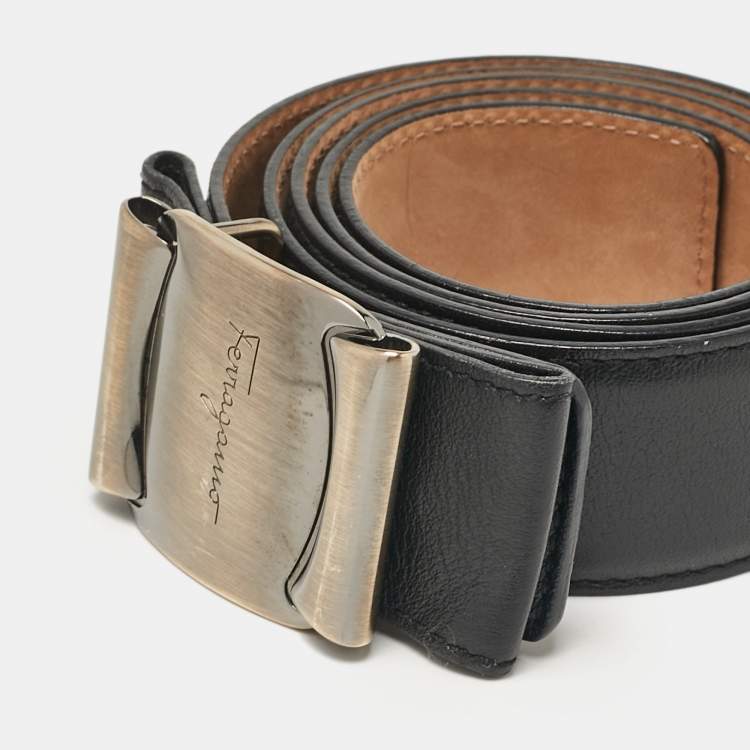 Pre Owned Salvatore Ferragamo Black Leather Metal Bow Belt 90CM