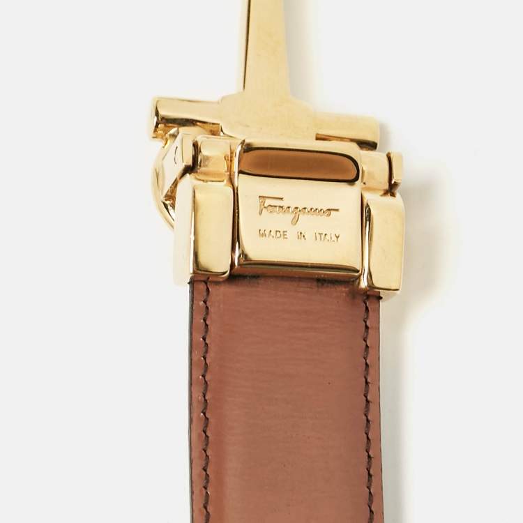 Pre Owned Salvatore Ferragamo Black/Brown Glossy Leather Double Gancini Reversible Cut to Size Belt