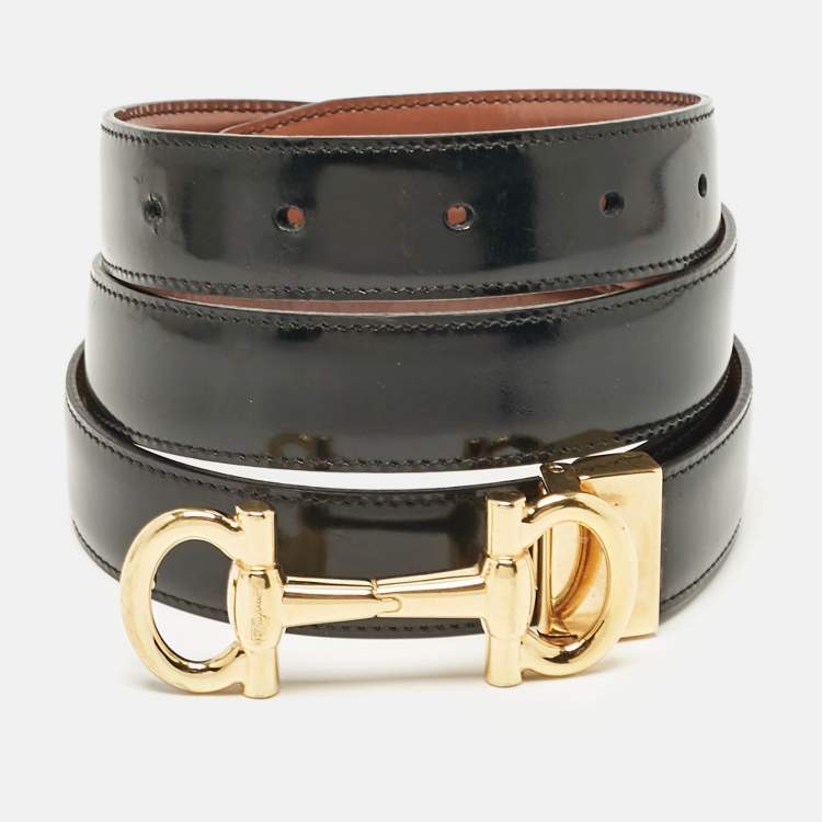 Pre Owned Salvatore Ferragamo Black/Brown Glossy Leather Double Gancini Reversible Cut to Size Belt