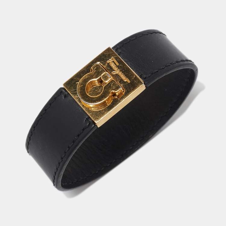 Pre Owned Salvatore Ferragamo Gancini Black Leather Gold Tone Bracelet