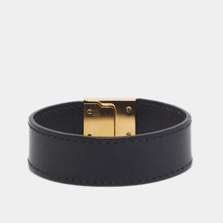 Pre Owned Salvatore Ferragamo Gancini Black Leather Gold Tone Bracelet