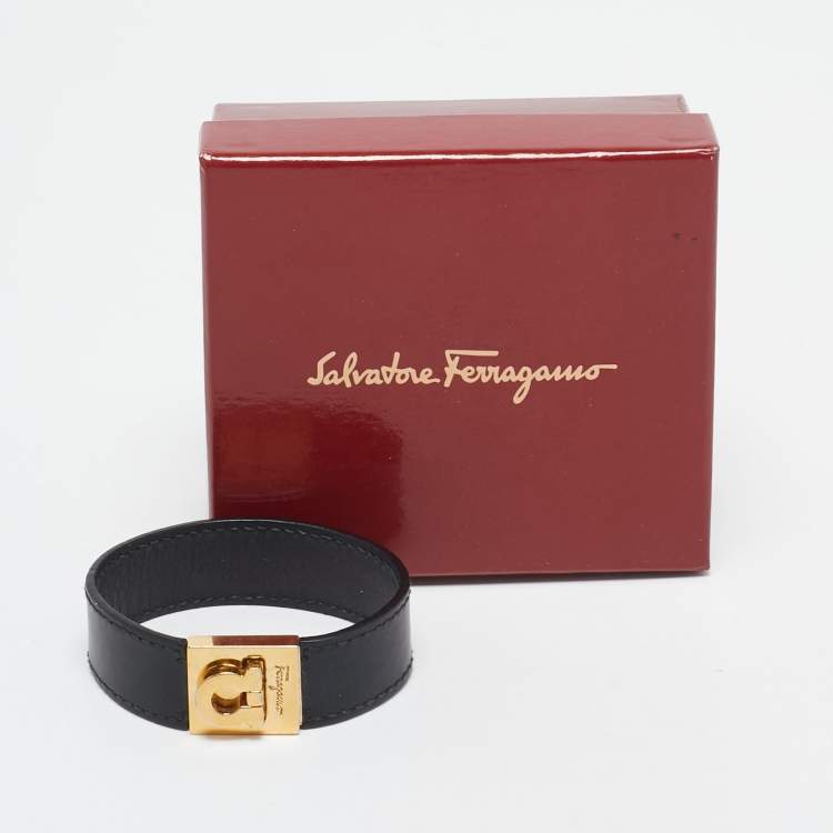 Pre Owned Salvatore Ferragamo Gancini Black Leather Gold Tone Bracelet