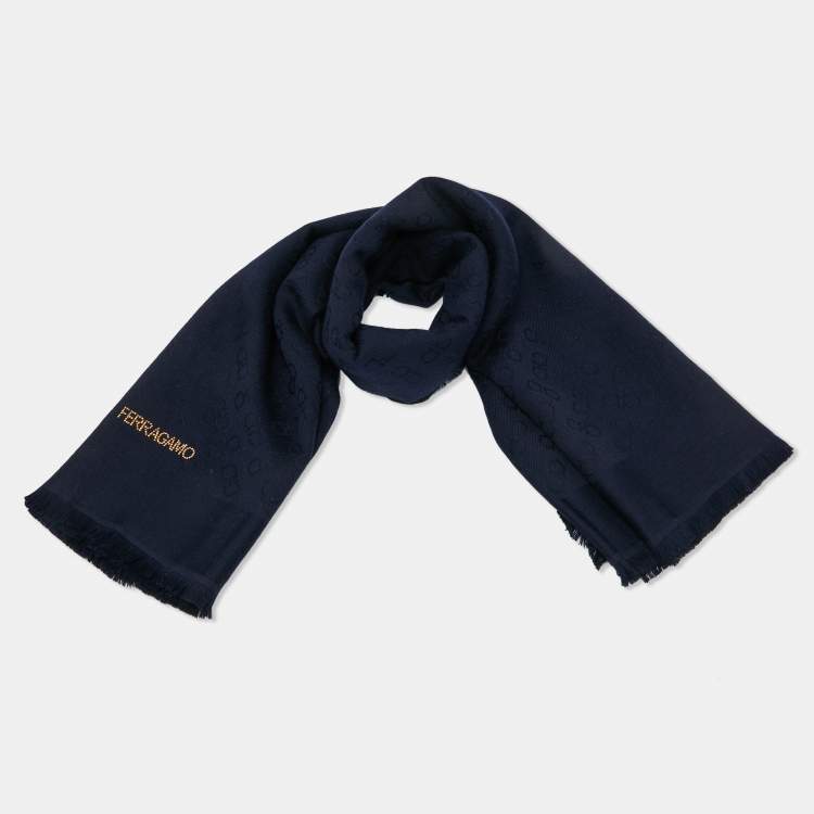 Pre Owned Salvatore Ferragamo Gancini Navy Blue Wool Silk Scarf