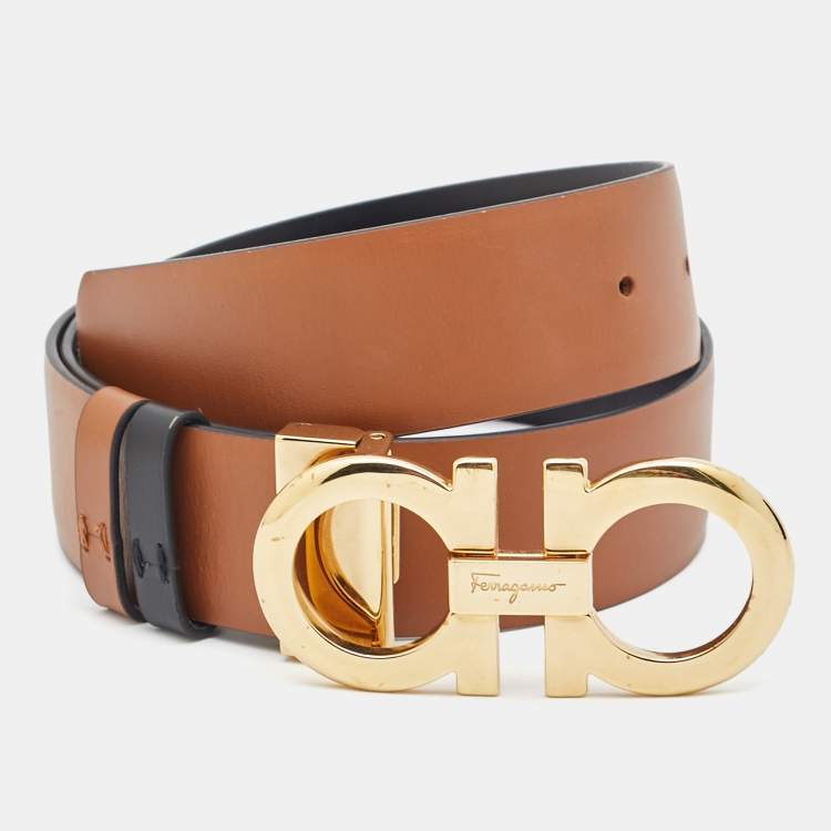 Pre Owned Salvatore Ferragamo Black/Tan Leather Gancini Buckle Reversible Cut to Size Belt