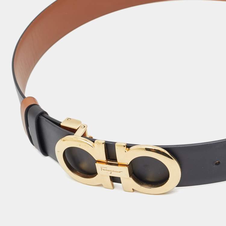 Pre Owned Salvatore Ferragamo Black/Tan Leather Gancini Buckle Reversible Cut to Size Belt