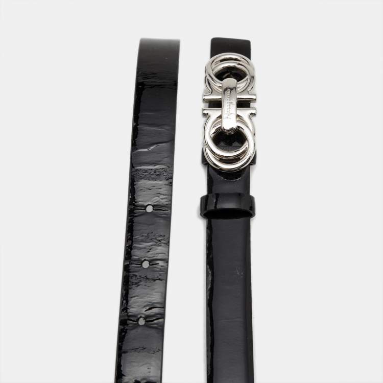 Pre Owned Salvatore Ferragamo Black Patent Leather Gancini Buckle Reversible Belt 110 CM