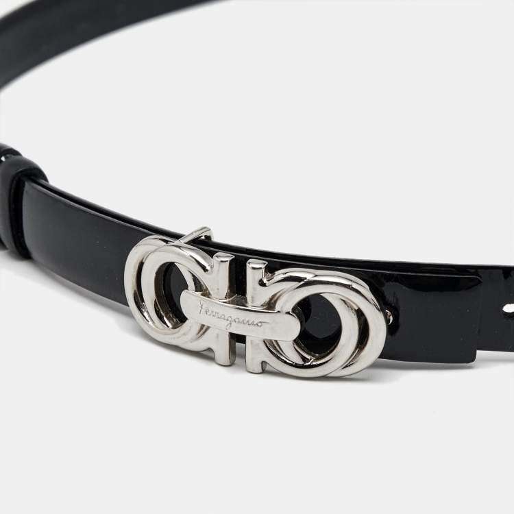 Pre Owned Salvatore Ferragamo Black Patent Leather Gancini Buckle Reversible Belt 110 CM