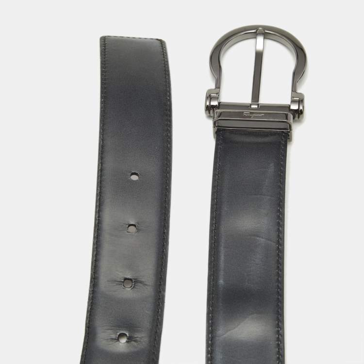 Pre Owned Salvatore Ferragamo Grey/Brown Leather Gancini Buckle Reversible Belt 110 CM