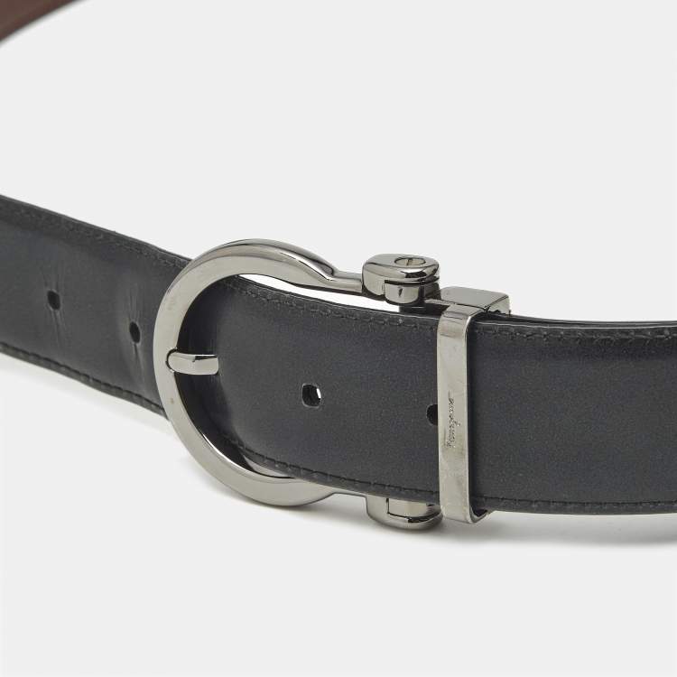 Pre Owned Salvatore Ferragamo Grey/Brown Leather Gancini Buckle Reversible Belt 110 CM
