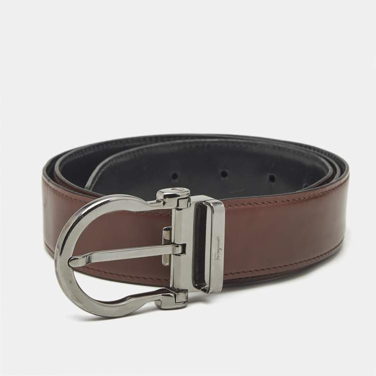 Pre Owned Salvatore Ferragamo Grey/Brown Leather Gancini Buckle Reversible Belt 110 CM