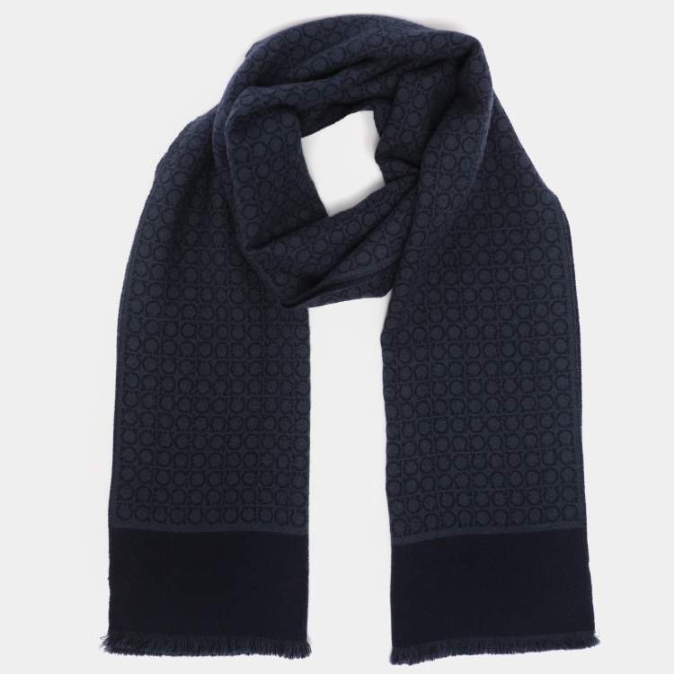 Pre Owned Salvatore Ferragamo Navy Blue Gancini Wool Muffler 