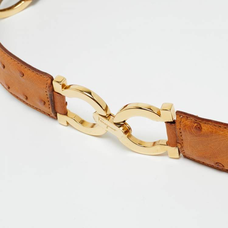 Pre Owned Salvatore Ferragamo Brown Ostrich Leather Gancini Buckle Belt 75CM