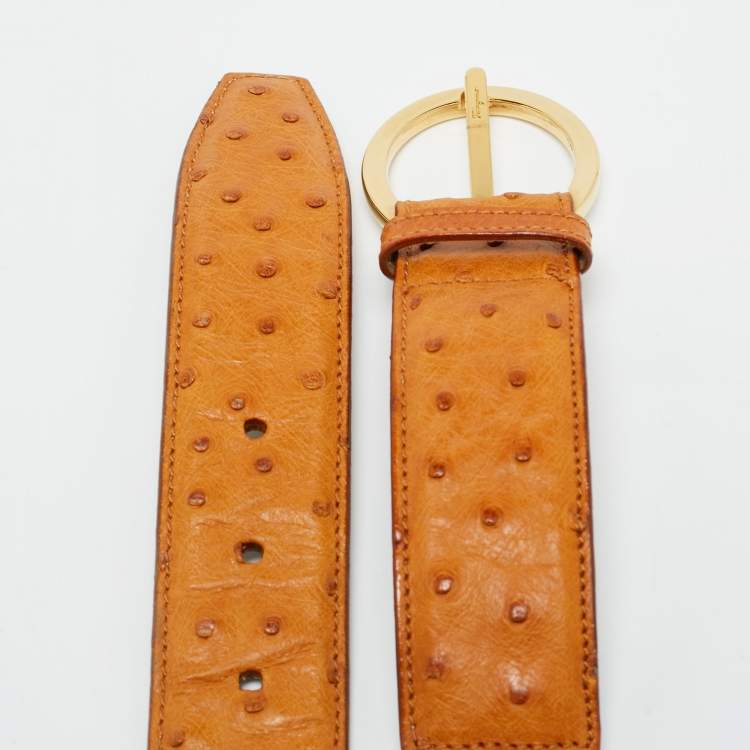 Pre Owned Salvatore Ferragamo Brown Ostrich Leather Gancini Buckle Belt 75CM