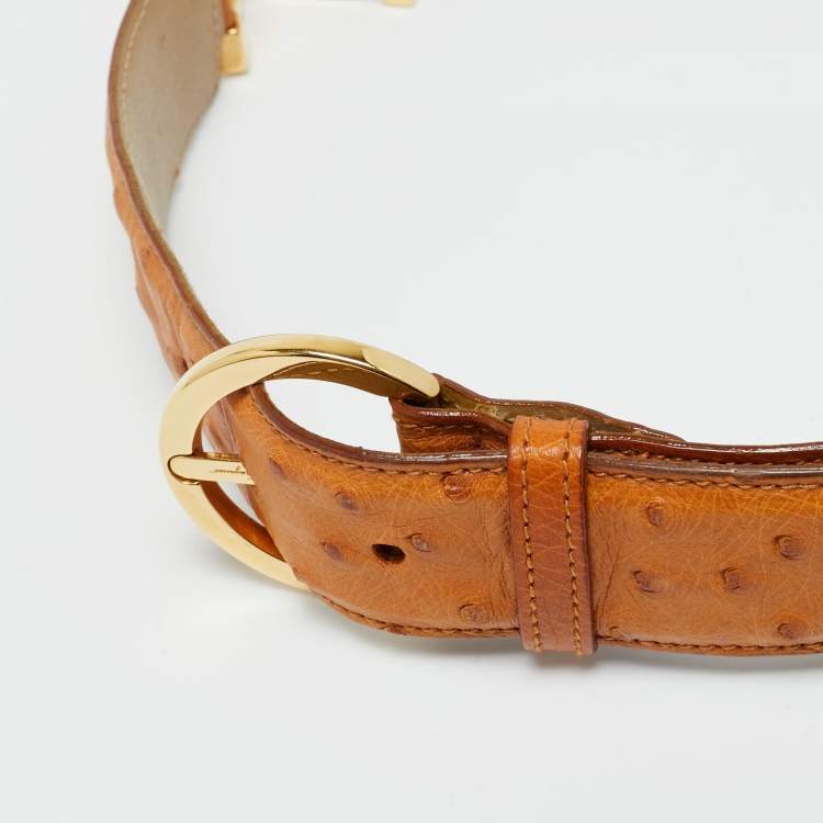 Pre Owned Salvatore Ferragamo Brown Ostrich Leather Gancini Buckle Belt 75CM