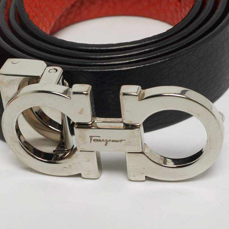 Pre Owned Salvatore Ferragamo Black/Orange Leather Gancini Cut to Size Reversible Belt