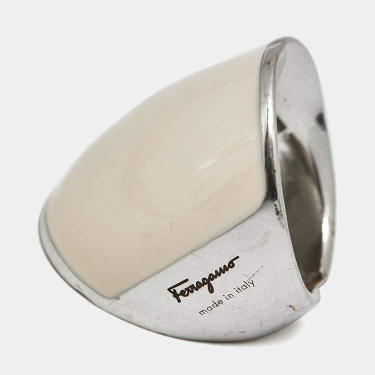Pre Owned Salvatore Ferragamo White Enamel Silver Tone Ring Size 54 