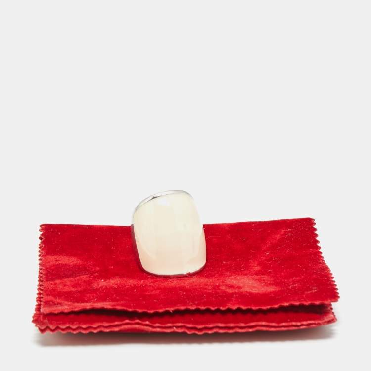 Pre Owned Salvatore Ferragamo White Enamel Silver Tone Ring Size 54 