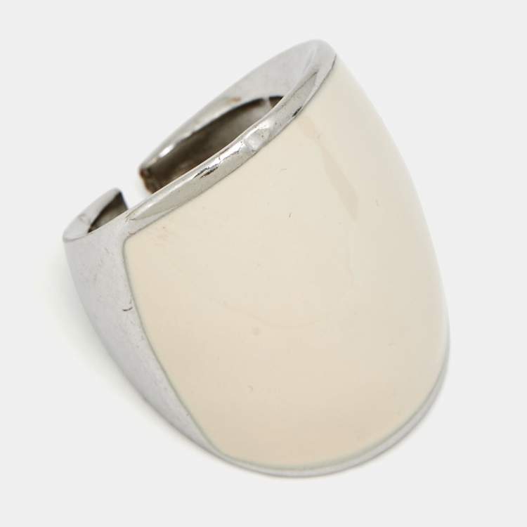 Pre Owned Salvatore Ferragamo White Enamel Silver Tone Ring Size 54 