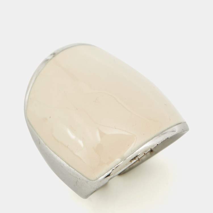 Pre Owned Salvatore Ferragamo White Enamel Silver Tone Ring Size 54 