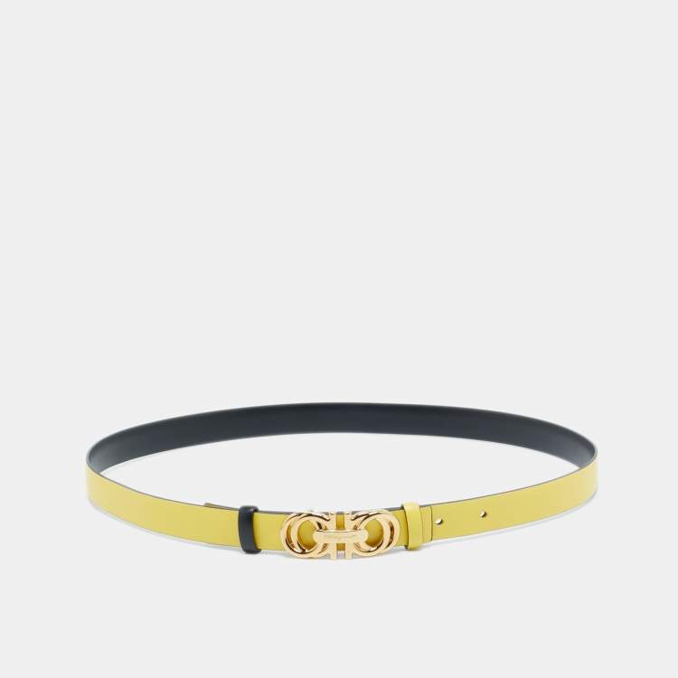 Pre Owned Salvatore Ferragamo Yellow/Black Leather Double Gancini Reversible Slim Belt