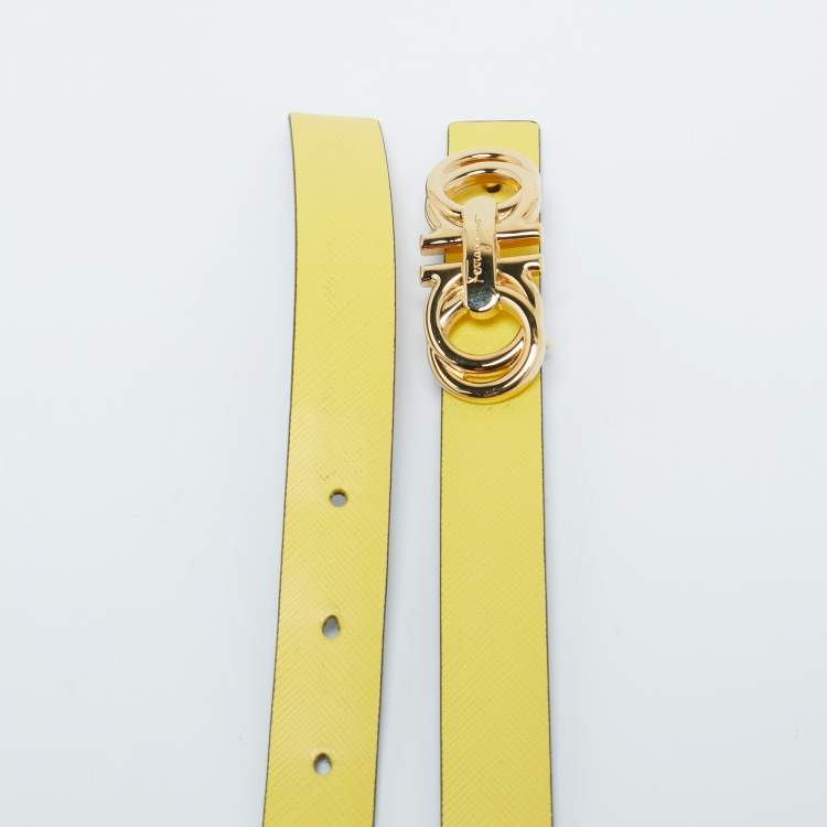 Pre Owned Salvatore Ferragamo Yellow/Black Leather Double Gancini Reversible Slim Belt