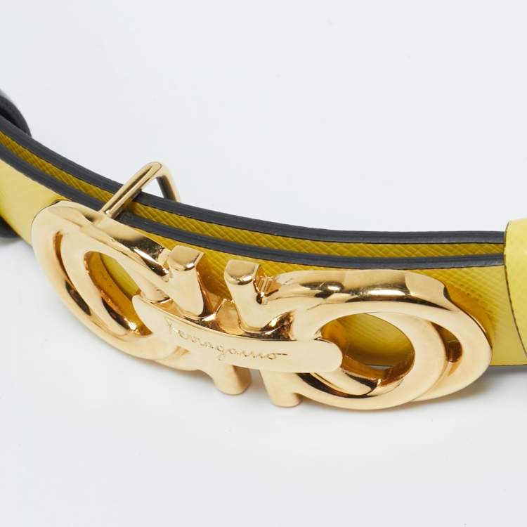 Pre Owned Salvatore Ferragamo Yellow/Black Leather Double Gancini Reversible Slim Belt