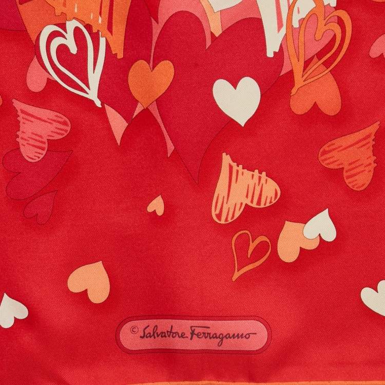 Pre Owned Salvatore Ferragamo Red Hearts Print Silk Scarf 