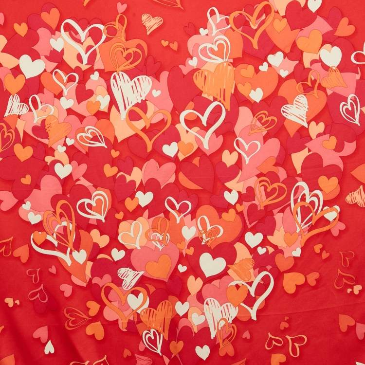 Pre Owned Salvatore Ferragamo Red Hearts Print Silk Scarf 