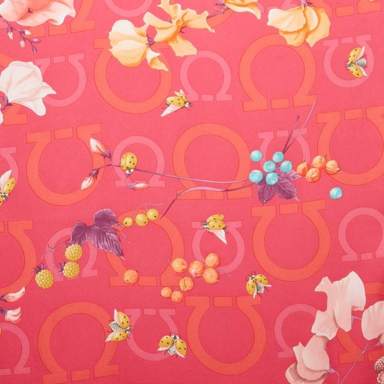Pre Owned Salvatore Ferragamo Pink Fruits Print Silk Square Scarf