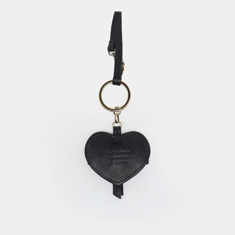 Pre Owned Salvatore Ferragamo Heart Bow Key Holder Black Leather