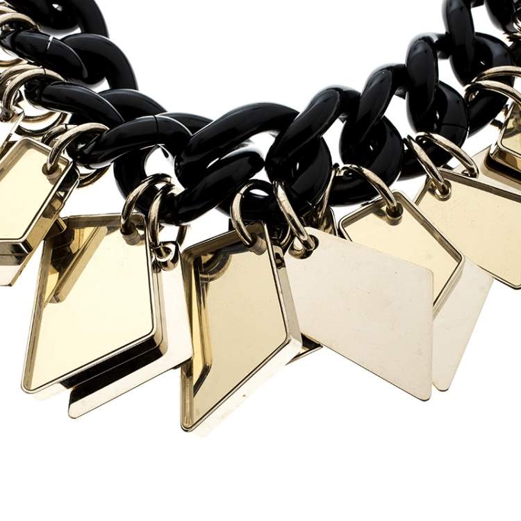 Pre Owned Salvatore Ferragamo Gold Tone Tags Black Resin Link Chain Necklace