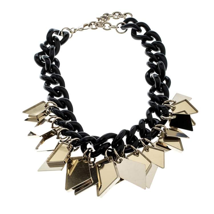 Pre Owned Salvatore Ferragamo Gold Tone Tags Black Resin Link Chain Necklace