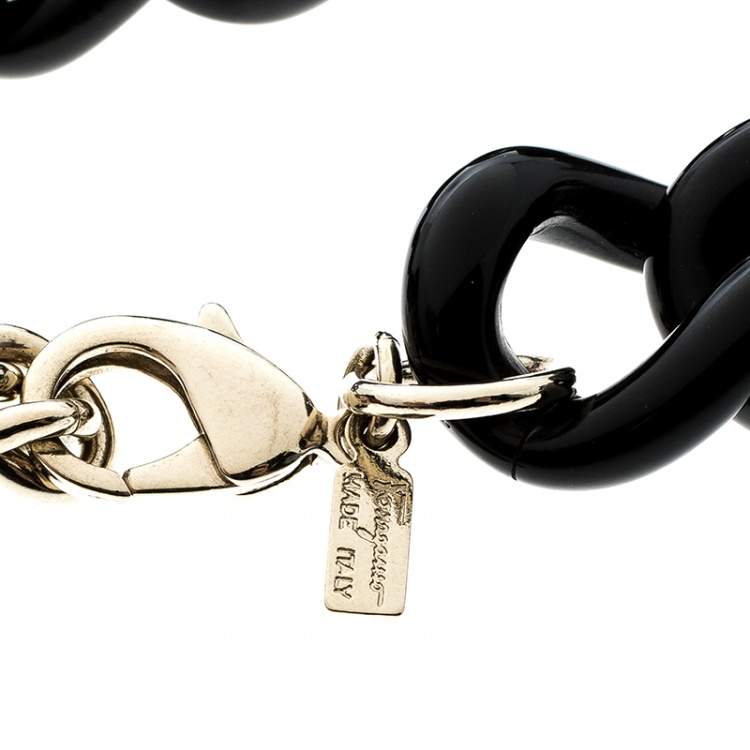 Pre Owned Salvatore Ferragamo Gold Tone Tags Black Resin Link Chain Necklace