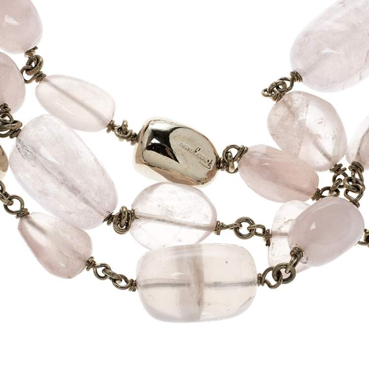 Pre Owned Salvatore Ferragamo Tumbled Rose Quartz Gold Tone Bead Bracelet
