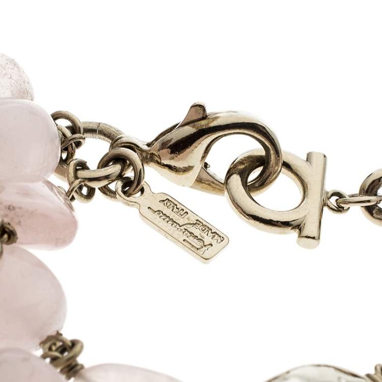 Pre Owned Salvatore Ferragamo Tumbled Rose Quartz Gold Tone Bead Bracelet