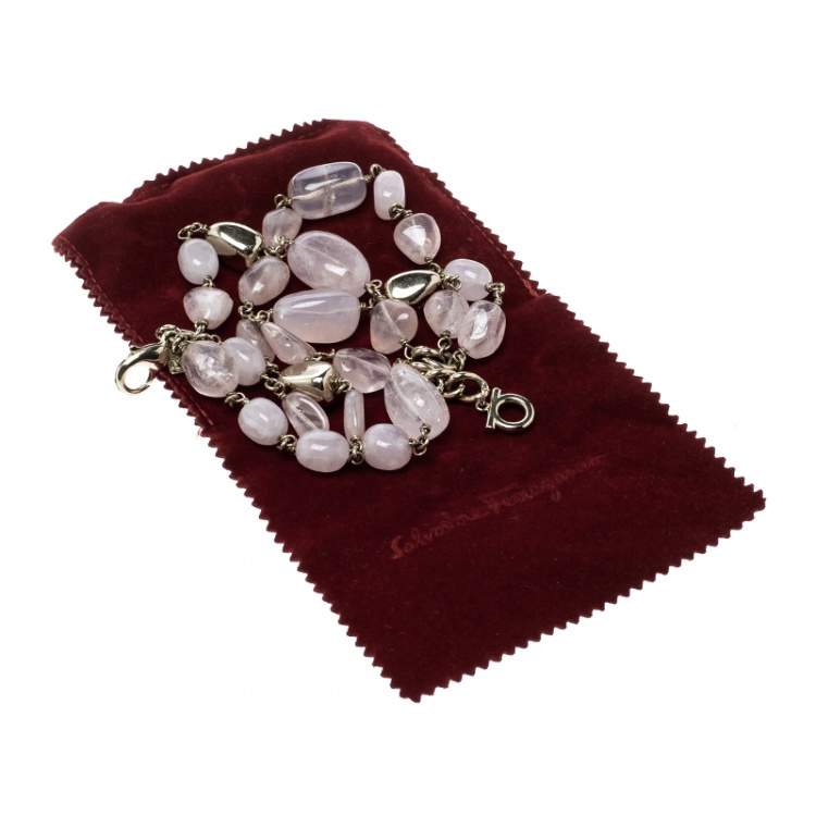 Pre Owned Salvatore Ferragamo Tumbled Rose Quartz Gold Tone Bead Bracelet