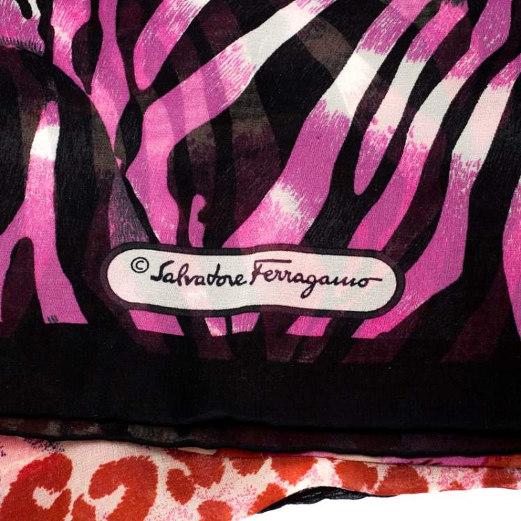 Pre Owned Salvatore Ferragamo Multicolor Animal Printed Silk Chiffon Square Scarf
