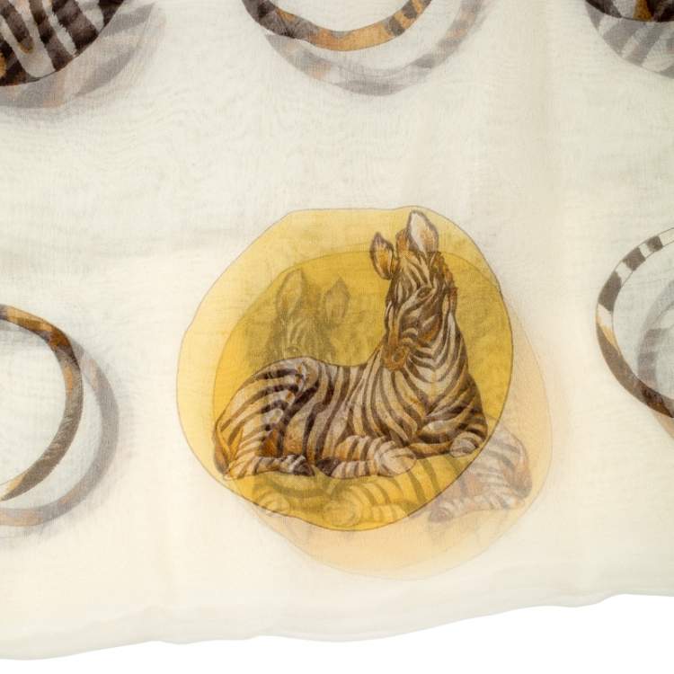 Pre Owned Salvatore Ferragamo Cream Zebra and Circle  Printed Silk Chiffon Scarf