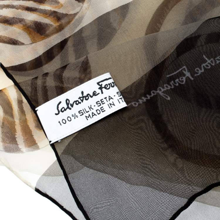 Pre Owned Salvatore Ferragamo Cream Zebra and Circle  Printed Silk Chiffon Scarf